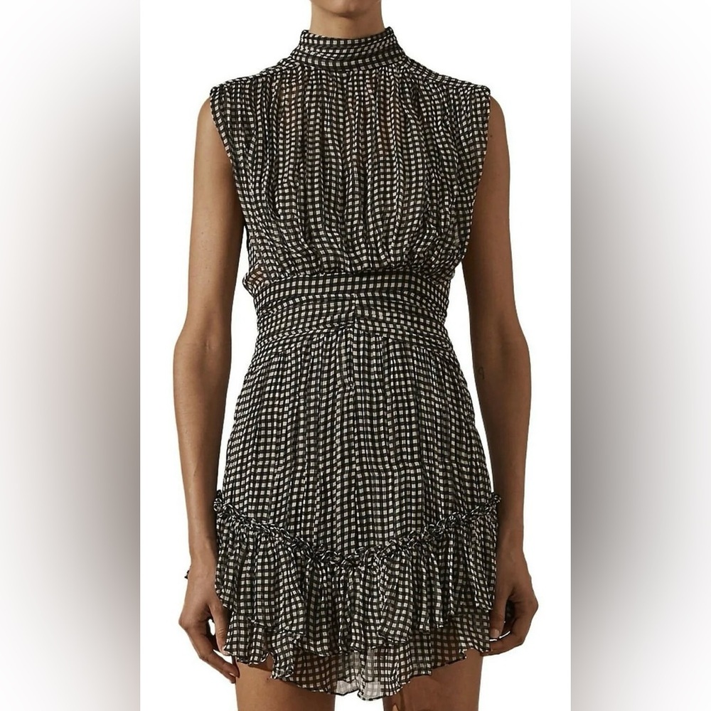 Shona Joy Natalia Sleeveless Ruched Mini Dress small black and white check